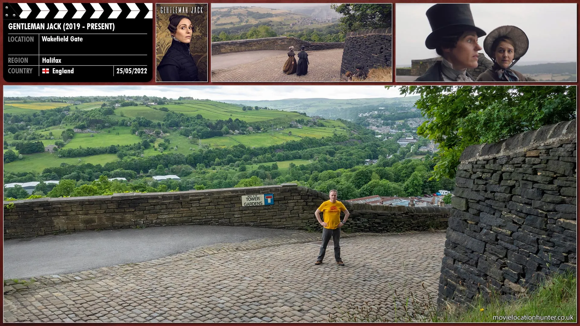 Filming location photo, shot in England, for Gentleman Jack (2019). Scene description: Anne Lister (Suranne Jones) has a heart to heart with her sister Marian (Gemma Whelan) as they walk along Wakefield Gate heading out of Halifax close to Wainhouse Tower.