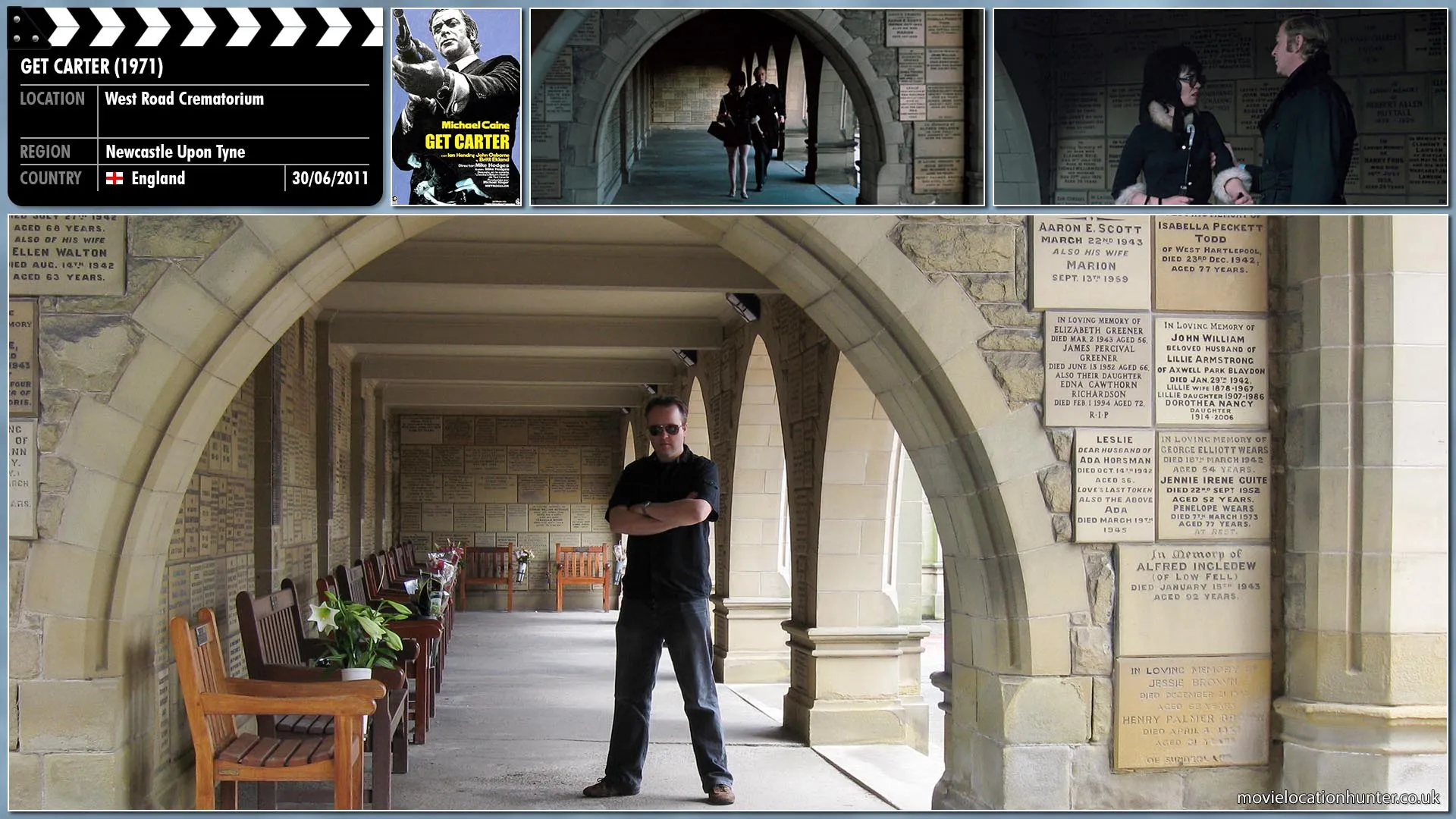 Filming location photo, shot in England, for Get Carter (1971). Scene description: Surprised to see her at the funeral, Carter (Michael Caine) calls out to Margaret (Dorothy White). Margaret stops and looks round. Carter joins her.