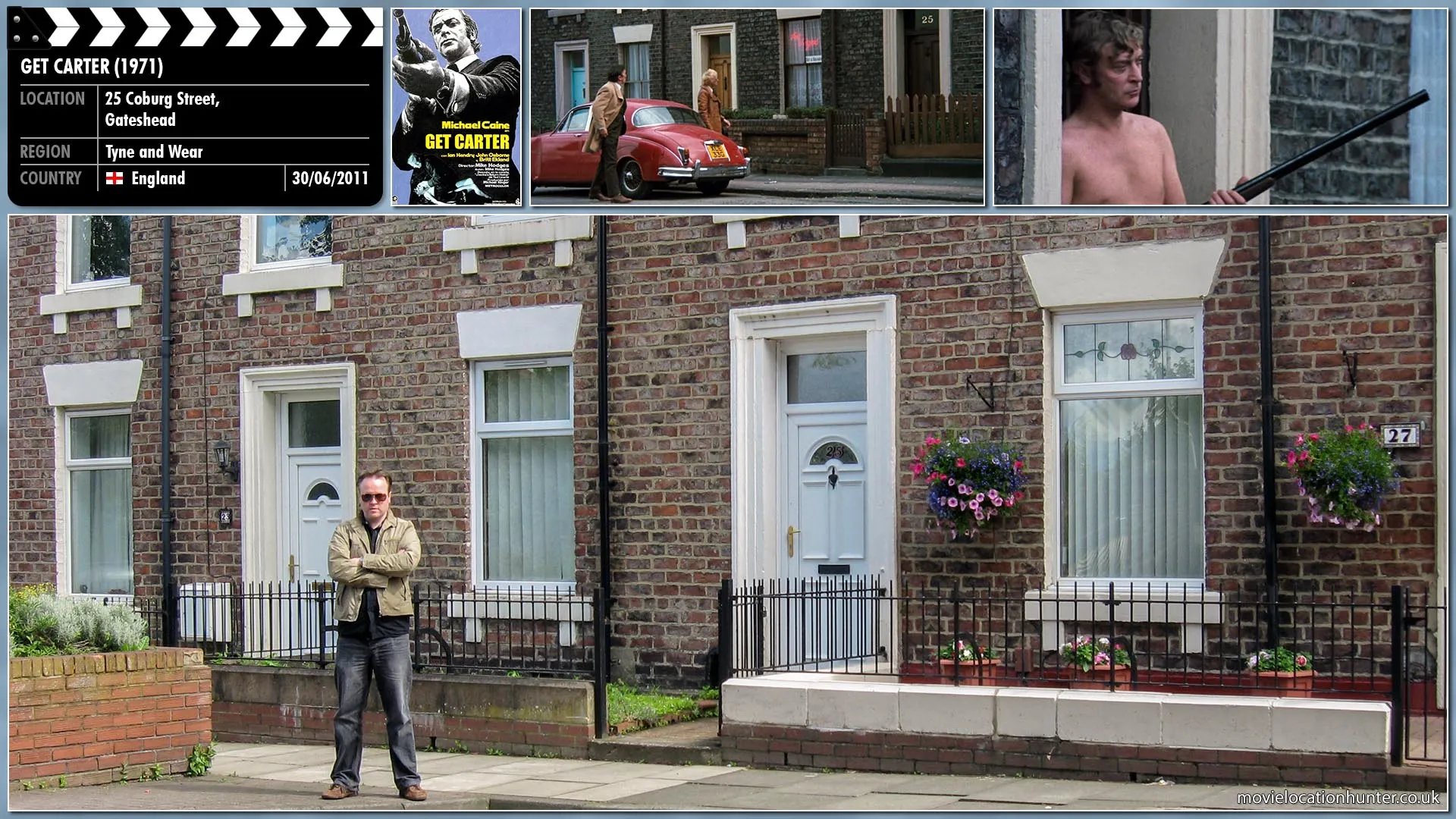 Filming location photo, shot in England, for Get Carter (1971). Scene description: A shotgun wielding but naked Carter (Michael Caine) escorts Peter (Tony Beckley) and Con (George Sewell) out of the Las Vegas boarding house. The old woman next door chooses that moment to come out for her milk. As she straightens up, she sees Carter. The bottle flies from her hand and smashes on her doorstep. Carter, never taking his eyes off Peter and Con, slowly backs into the house.