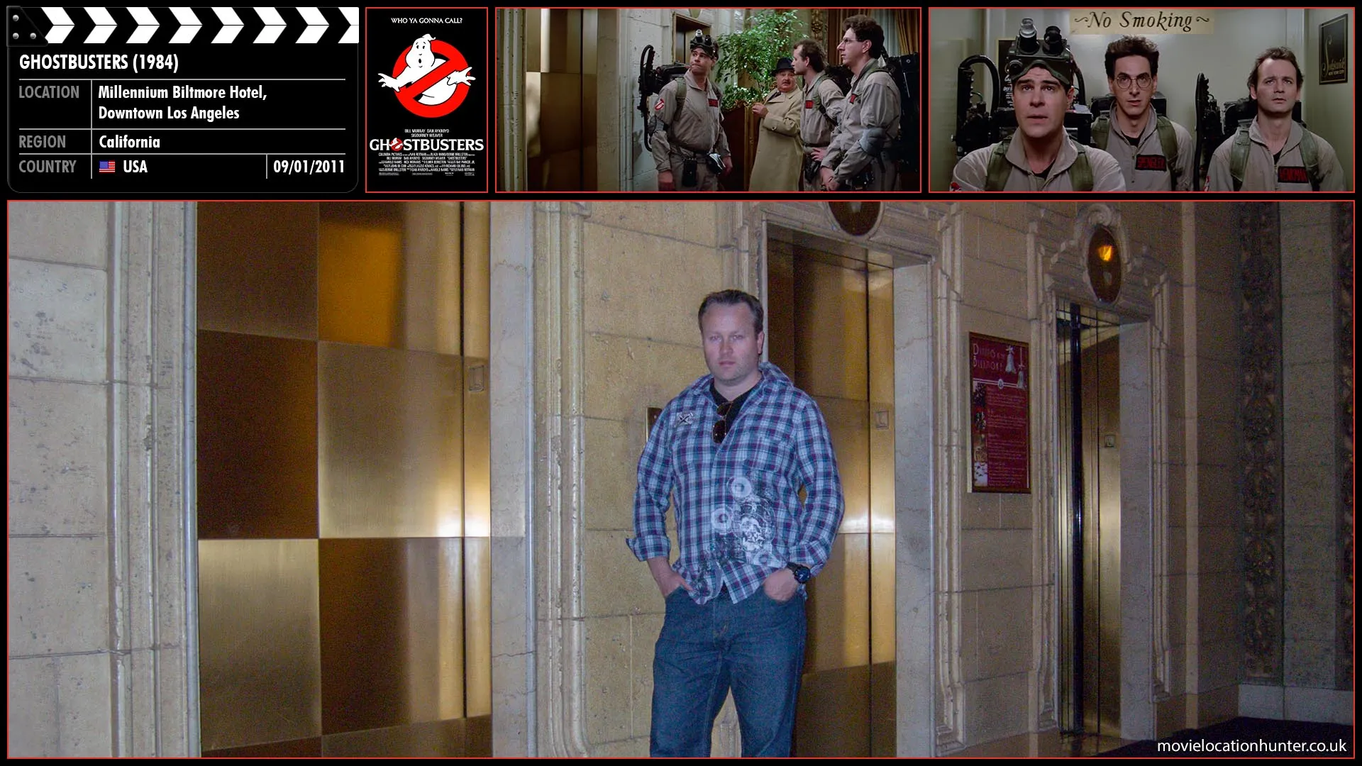 Filming location photo, shot in USA, for Ghostbusters (1984). Scene description: Ray (Dan Aykroyd), Egon (Harold Ramis) and Peter (Bill Murray) make chitchat conversation with a guest (Murray Rubin) outside the elevator, and they tell him they are going to kill a cockroach, to which the guest answers, 