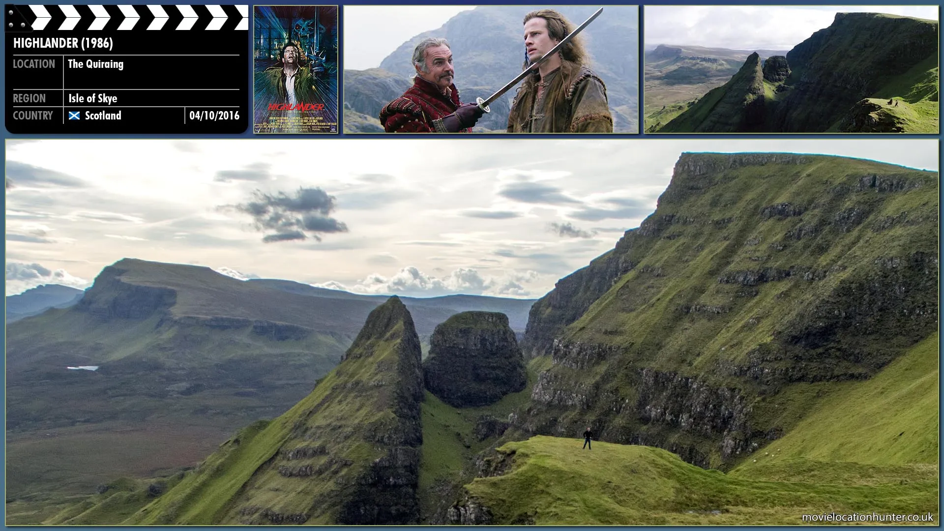 Filming location photo, shot in Scotland, for Highlander (1986). Scene description: MacLeod holds a rock above his head as part of his strength training as Ramirez looks on.