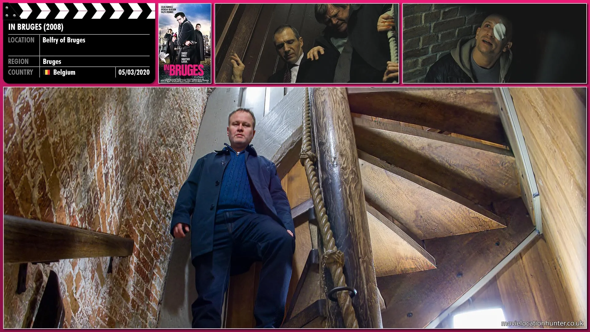 Filming location photo, shot in Belgium, for In Bruges (2008). Scene description: Harry (Ralph Fiennes) helping Ken (Brendan Gleeson) down the winding stairs with great difficulty suddenly stop after they hear someone running up towards them.  both sit and await the stranger.  It's Eirik (Jérémie Renier) coming to tell Harry that Ray (Colin Farrell) is downstairs!
