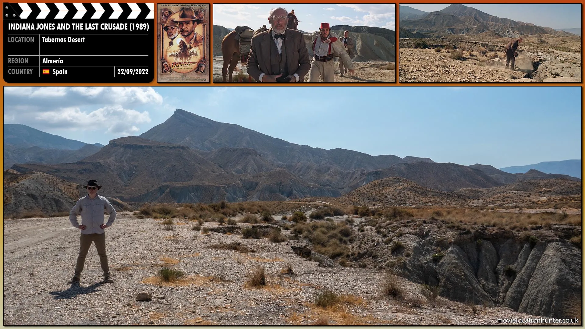 Filming location photo, shot in Spain, for Indiana Jones and the Last Crusade (1989). Scene description: The tank trundles over the cliff and plummets to the bottom. Henry (Sean Connery) leads the way as Brody (Denholm Elliott) and Sallah (John Rhys-Davies) follow him to the edge looking down at the flaming wreckage of the tank.