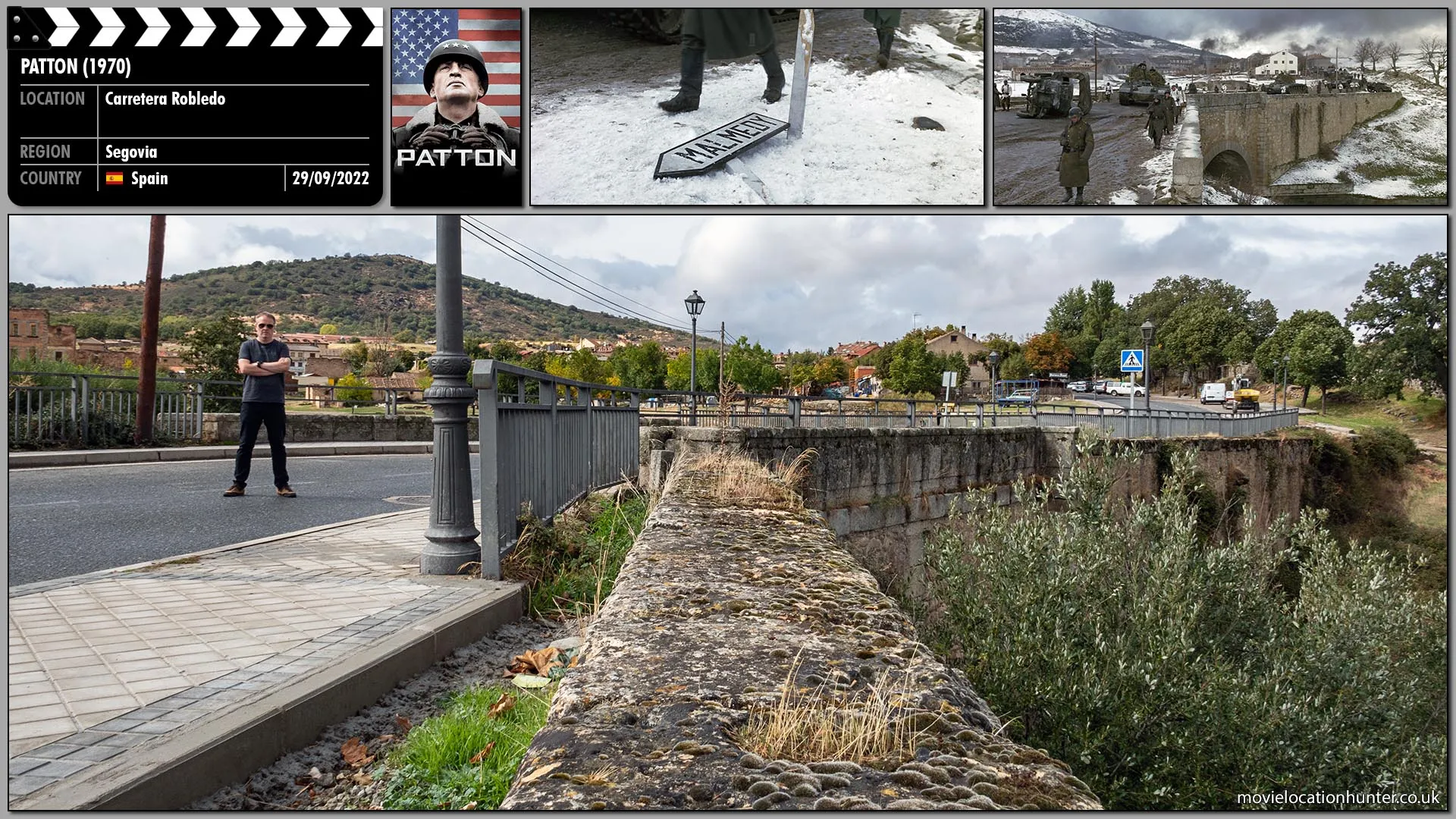 Filming location photo, shot in Spain, for Patton (1970). Scene description: The German army make their way through a small town after successfully defeating the allies protecting it.