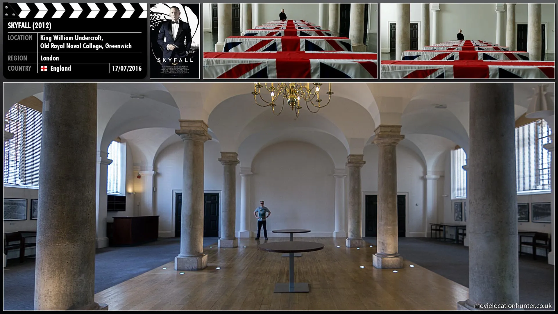 Filming location photo, shot in England, for Skyfall (2012). Scene description: M (Judi Dench) stands solemnly over the coffins of agents killed in the explosion.