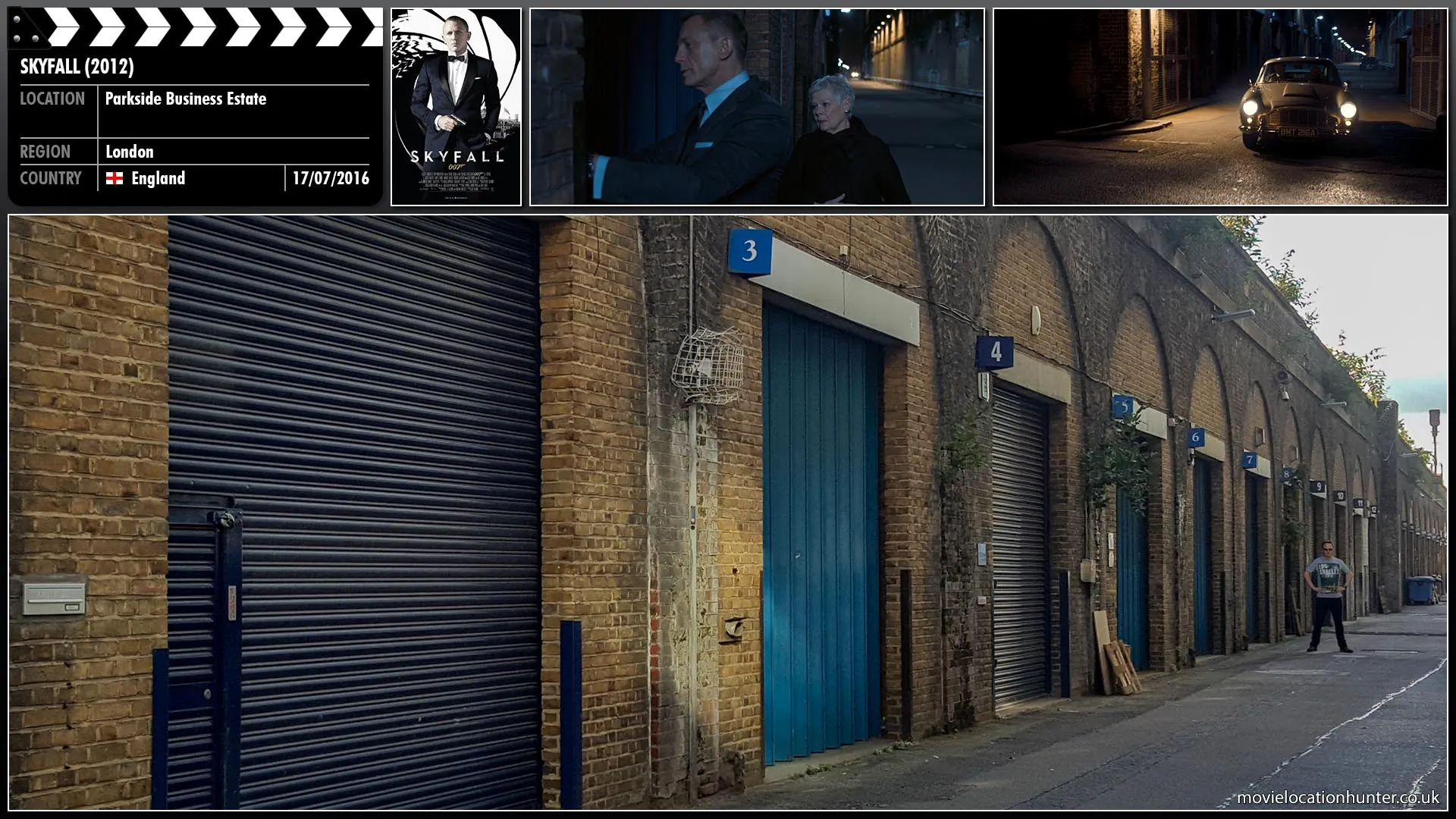 Filming location photo, shot in England, for Skyfall (2012). Scene description: Bond (Daniel Craig) parks the staff car, gets out and walks over to a line of lock-ups. M (Judi Dench) gets out, watching Bond as he fiddles with a door.  pulls open the door to reveal...  classic 1964 Aston Martin DB-5.