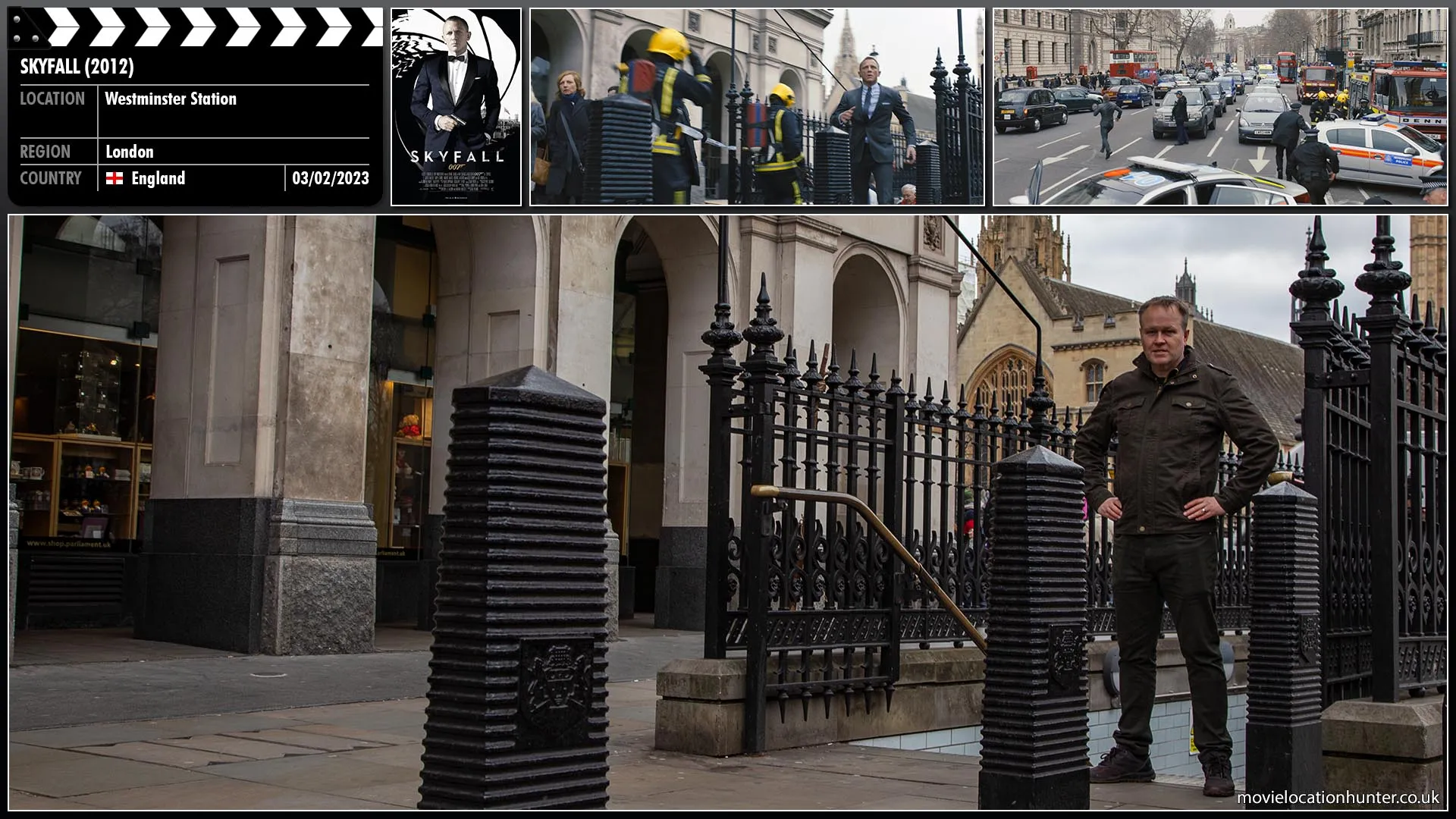 Filming location photo, shot in England, for Skyfall (2012). Scene description: Bond (Daniel Craig) exits Westminster underground station and runs towards Whitehall trying to get there before Silva (Javier Bardem).