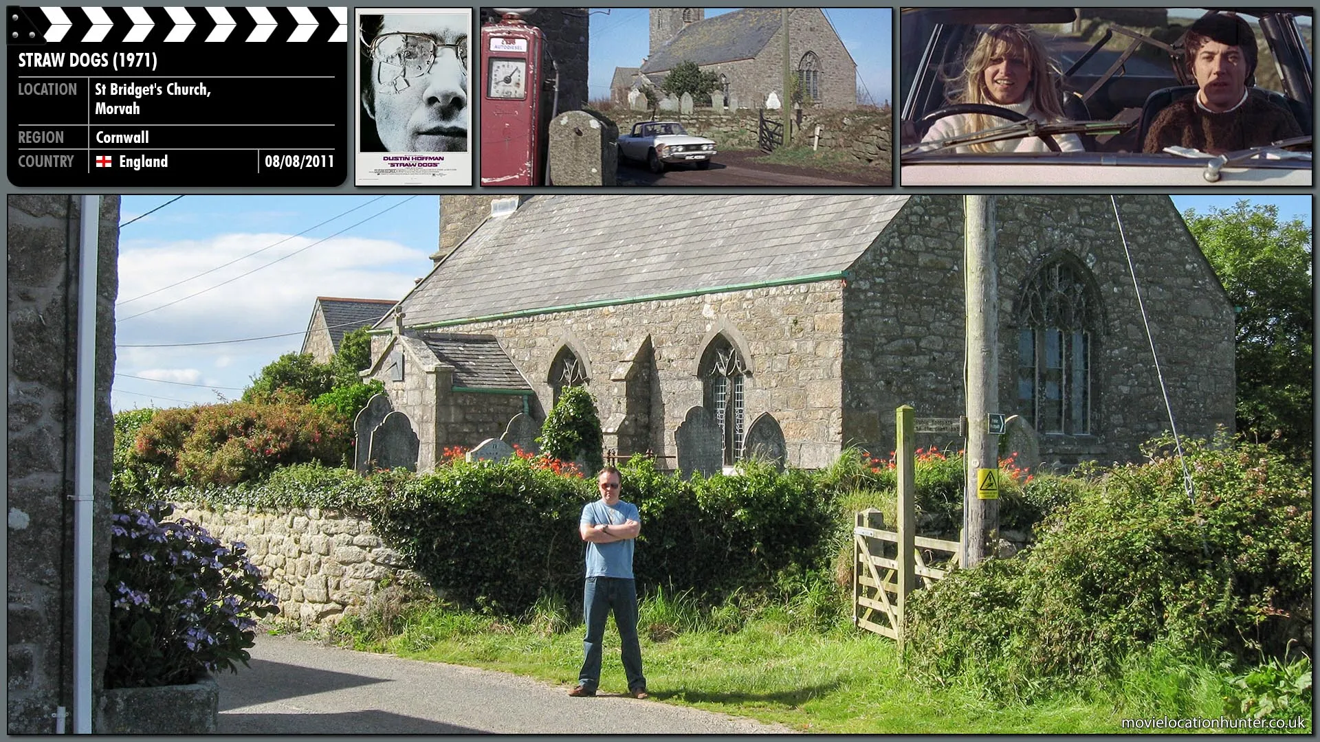Filming location photo, shot in England, for Straw Dogs (1971). Scene description: David (Dustin Hoffman) and Amy (Susan George) drive to their rented but isolated farmhouse, Trenchers Farm.