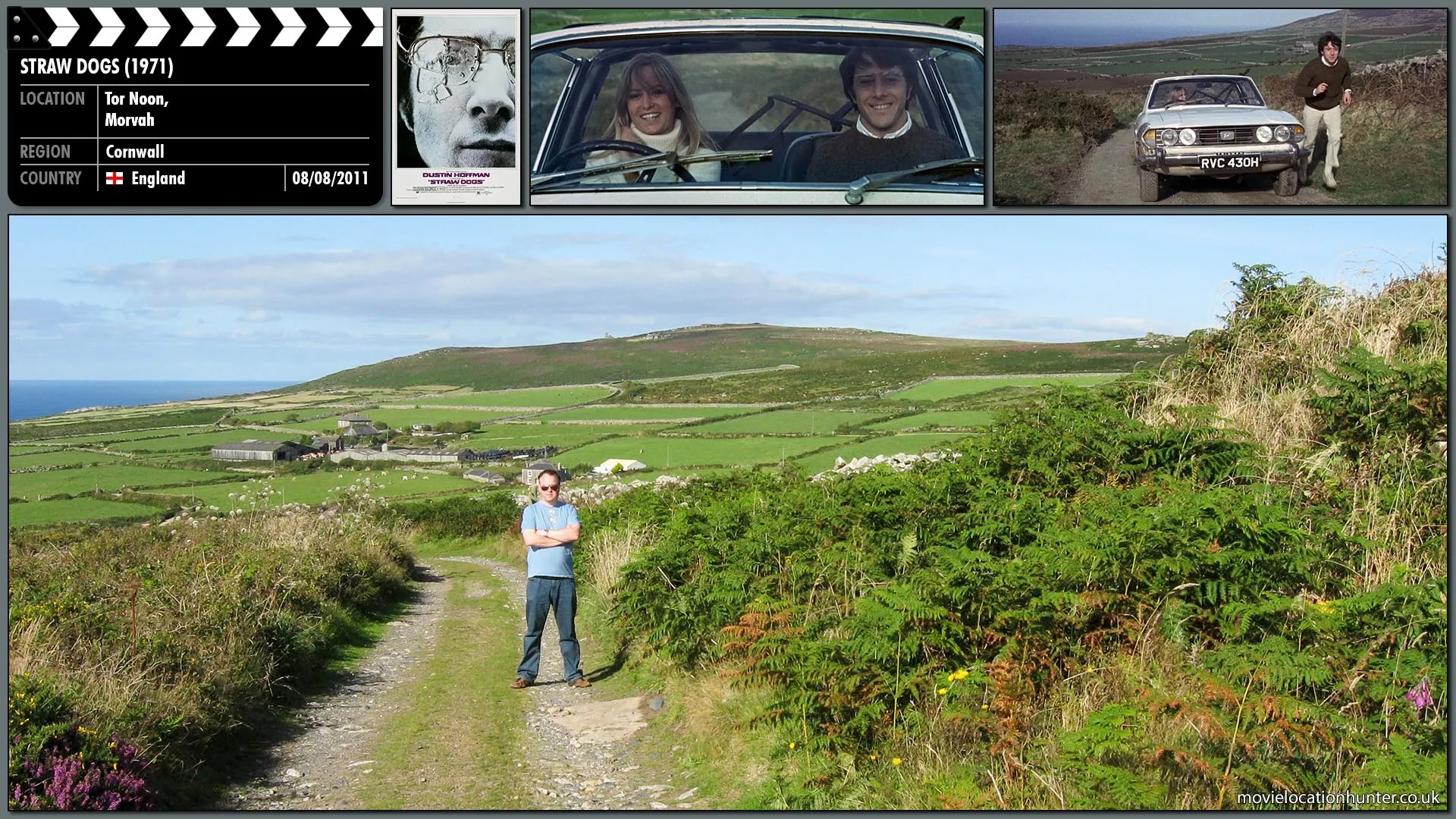 Filming location photo, shot in England, for Straw Dogs (1971). Scene description: David (Dustin Hoffman) teases Amy (Susan George) as they travel to their new home and she stops the car to playfully attack him.  David jumps out of the car and runs along as they continue to playfully tease each other.