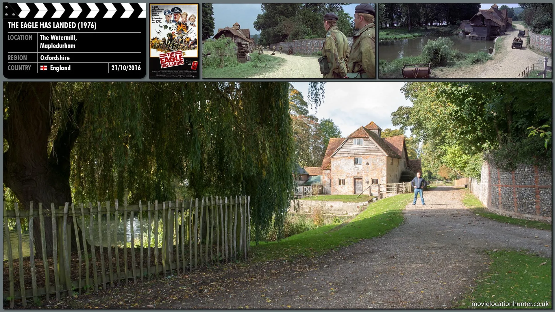Filming location photo, shot in England, for The Eagle Has Landed (1976). Scene description: As the Germans take up positions in the town, the plan is foiled when a paratrooper rescues a local girl from certain death by a water wheel. He instead is killed in the process and his German uniform, worn under the Polish uniforms at the prior insistence of Steiner (Michael Caine), is revealed to the onlooking villagers.