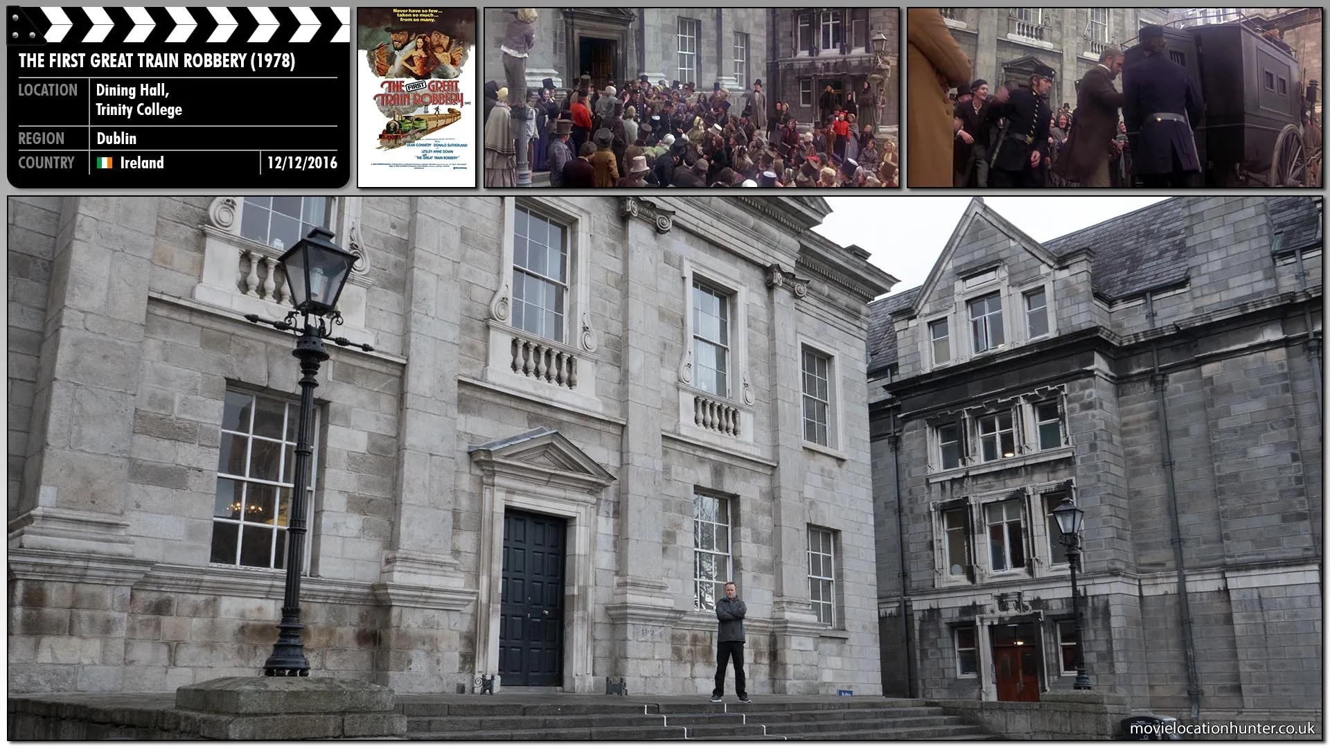 Filming location photo, shot in Ireland, for The First Great Train Robbery (1978). Scene description: Pierce (Sean Connery) is convicted of the robbery. As he exits the courthouse, he receives the adulation of the poorer British masses, who consider him a folk hero for his daring act.