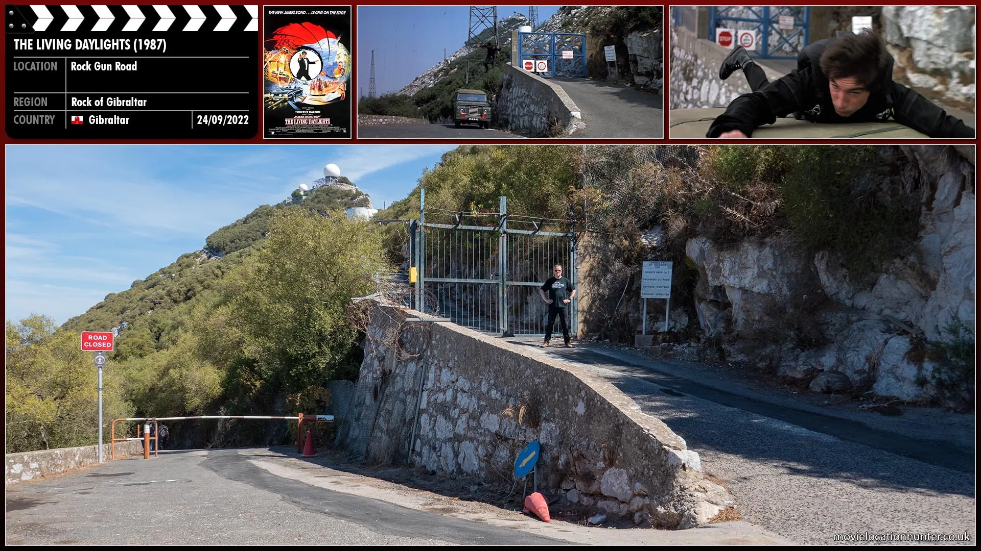 Filming location photo, shot in Gibraltar, for The Living Daylights (1987). Scene description: A surprised SAS soldier sees Bond (Timothy Dalton) running at speed towards him.  He fires paintballs at Bond who barges him out of the way to jump onto the roof of a speeding Land Rover passing below.