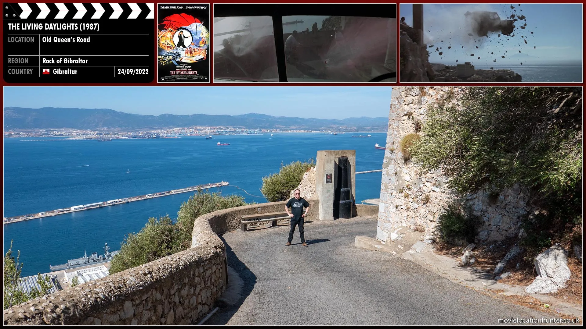 Filming location photo, shot in Gibraltar, for The Living Daylights (1987). Scene description: Bond (Timothy Dalton) fights with the assassin (Carl Rigg) as they speed down a narrow road. With nowhere else to go the Land Rover smashes through a wall and over the edge of a cliff.  Bond pulls his parachute cord and is pulled from the vehicle just before it explodes.